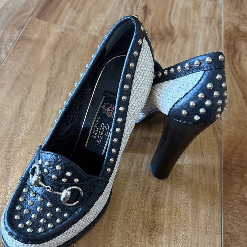 Gucci Black/Cream Leather and Straw Studded Horsebit Alyssa Loafer Pumps Size 38 - Picture 8 of 10